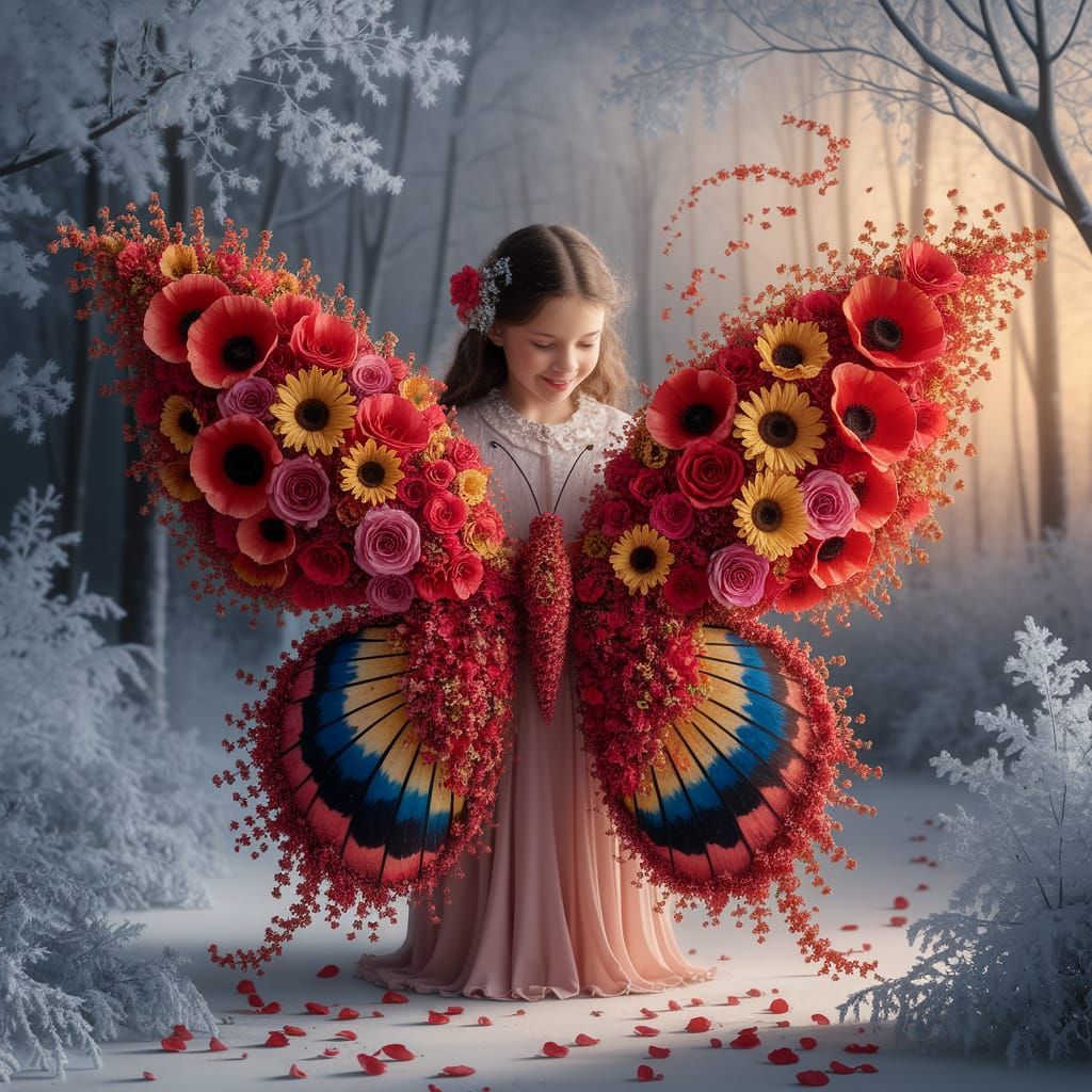 Girl Creates Floral Butterfly in Winter Forest