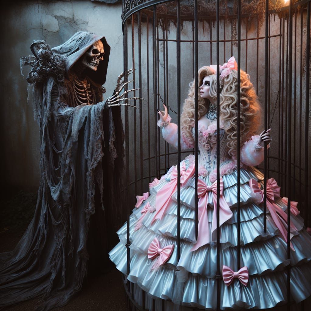 Undead King Admires Captive Bride in Tattered Regalia