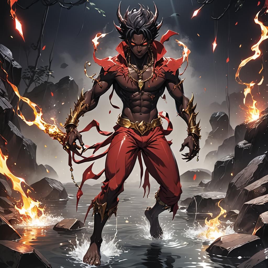 Demon Boy in Onsen: Cel-Shaded Anime Art