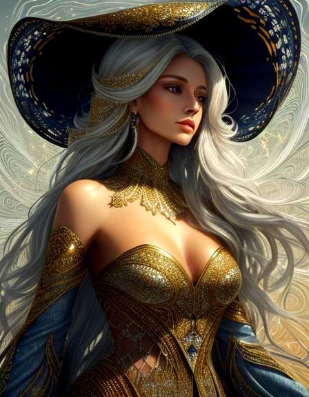 Woman in Beaded Shawl with Abstract Fractals