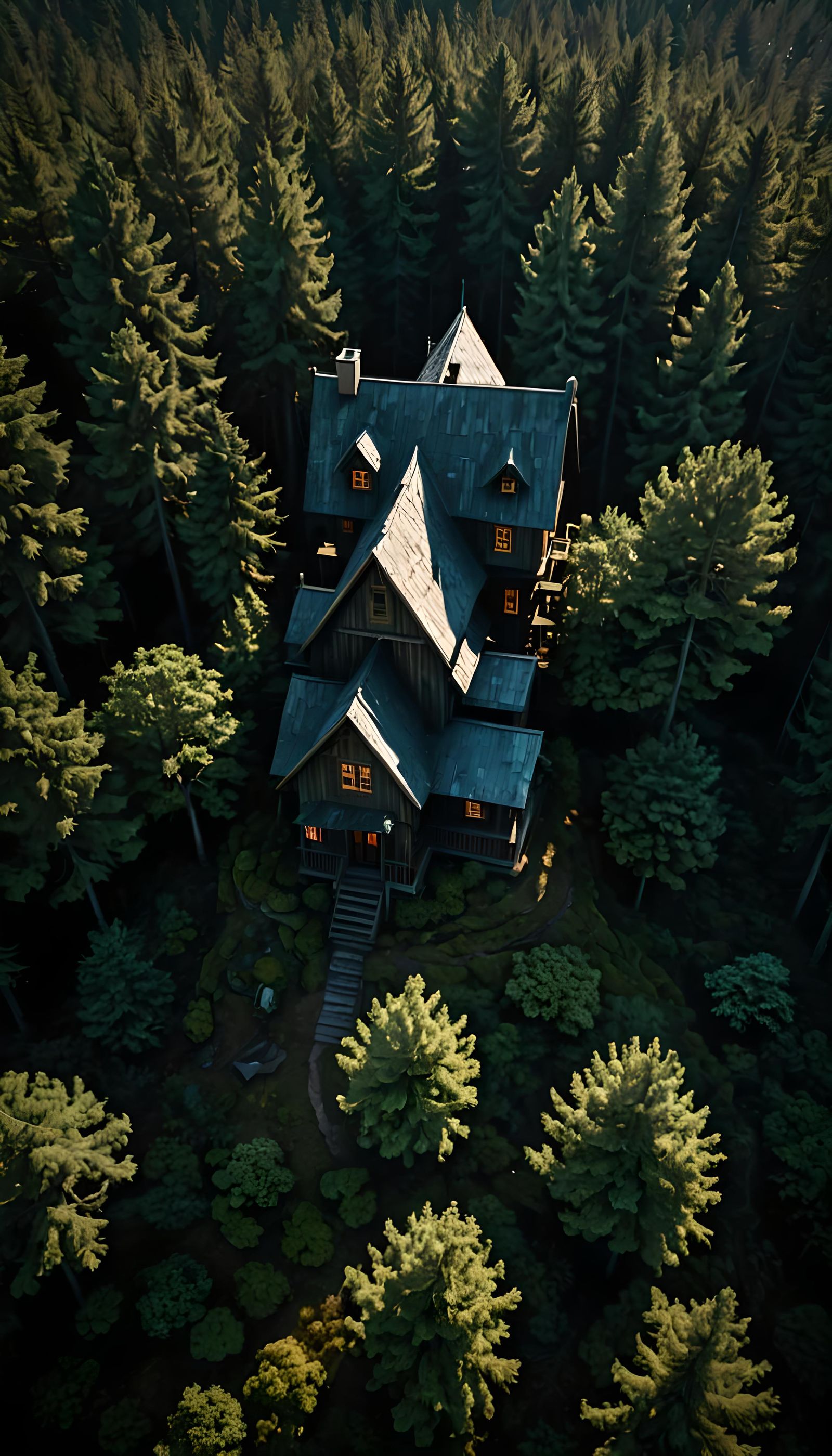 Eerie Wooden House in Bright Forest, Horror Style