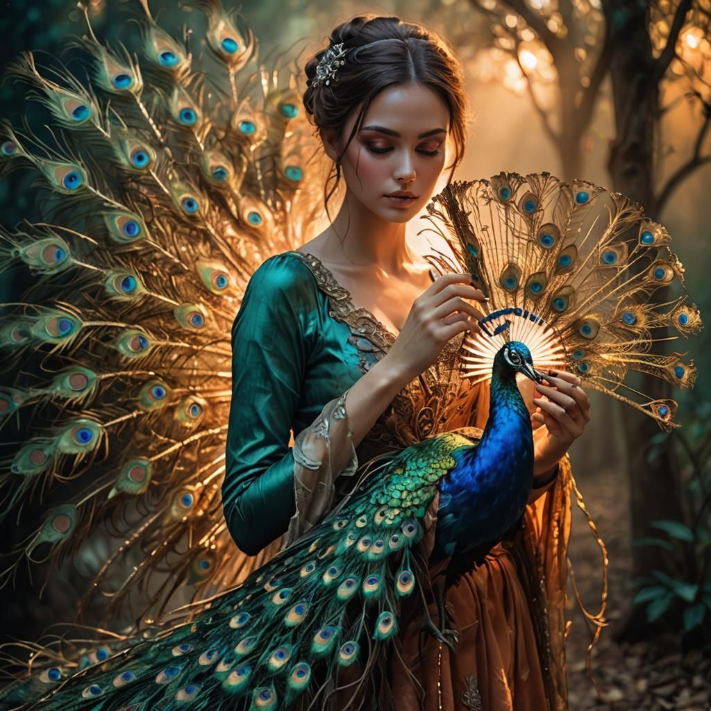 Woman with Photoluminescent Peacock Fan in Painterly Style