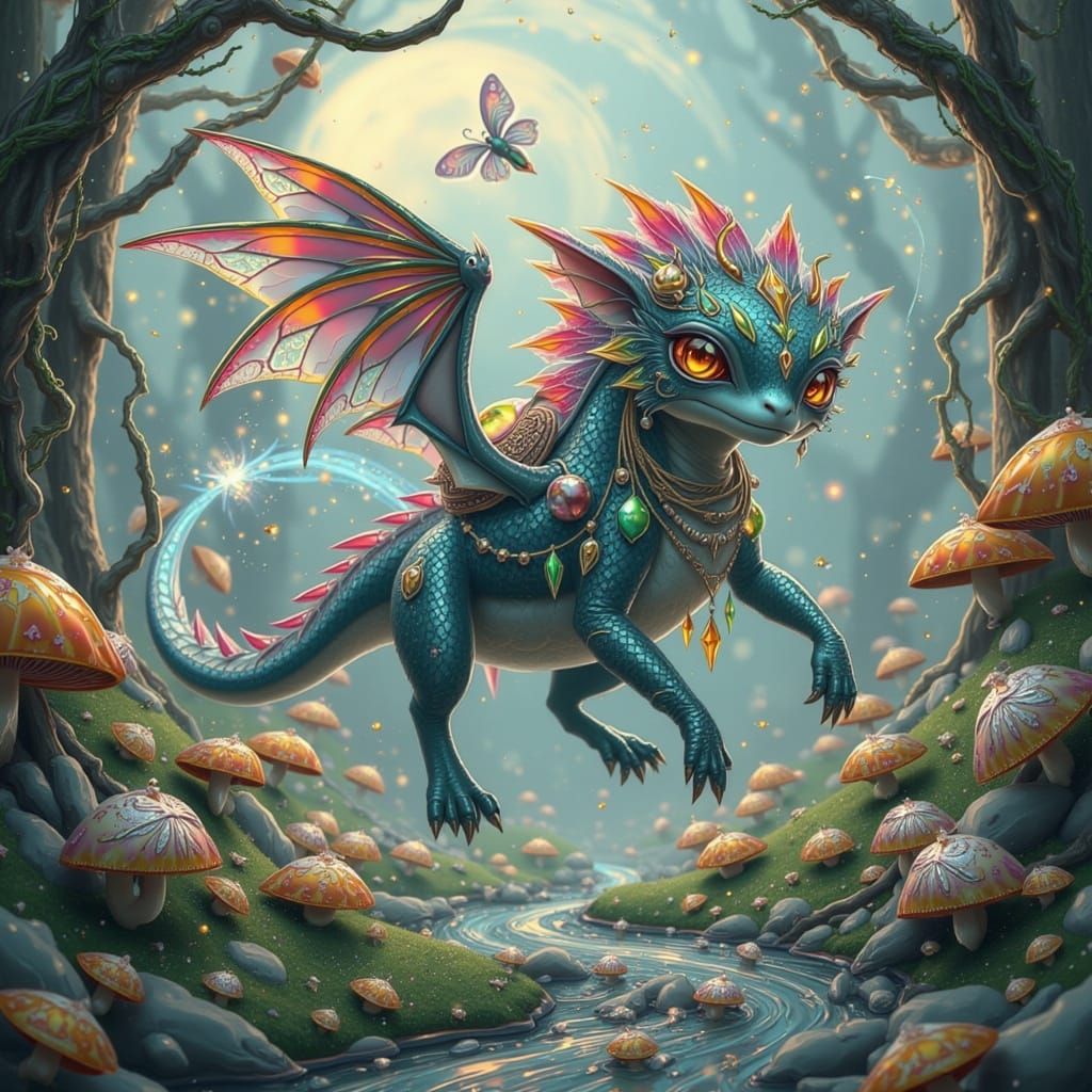 Whimsical Dragon Explores Shimmering Fantasy Realm