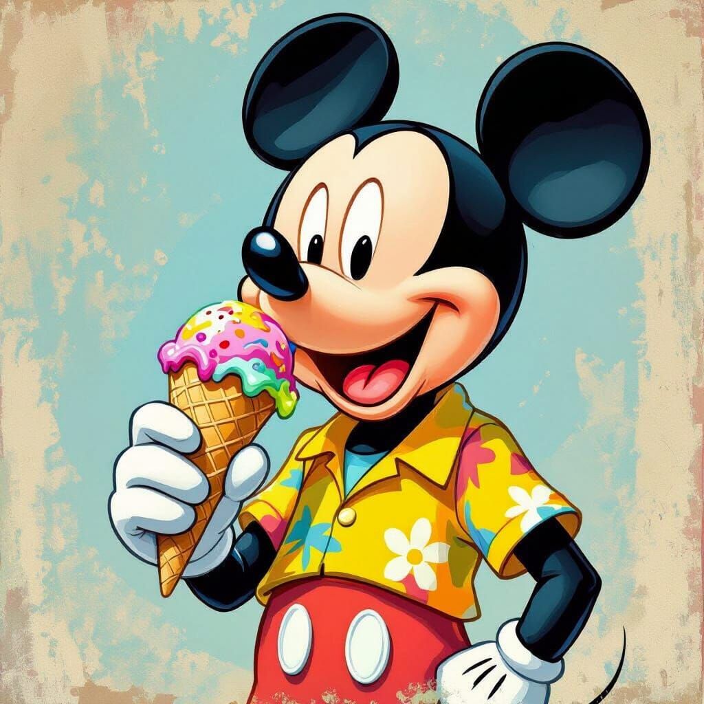 Mickey Mouse Enjoys Ice Cream in Cartoon Style