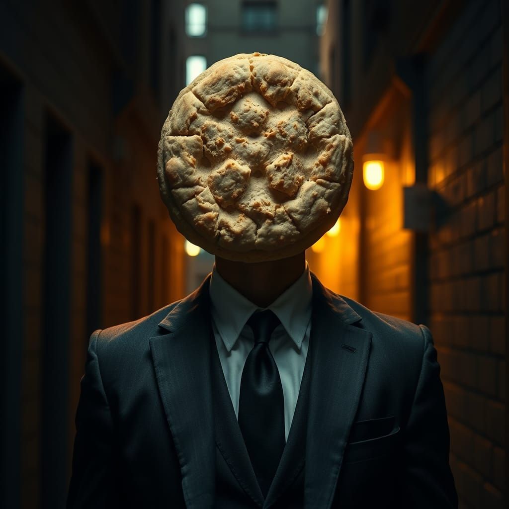 Hyperrealistic Man with Biscuit Head in Alleyway