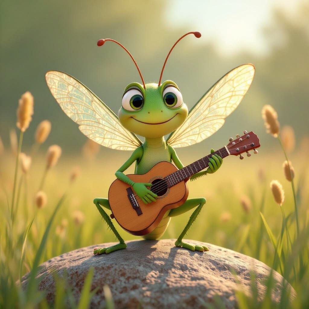 Pixar-Style Grasshopper Rock Star With Guitar