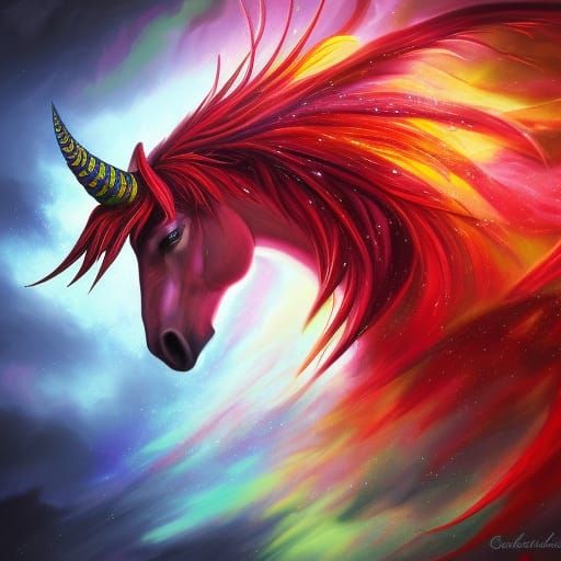 Hyperrealistic Crimson Unicorn in Splash Art Style