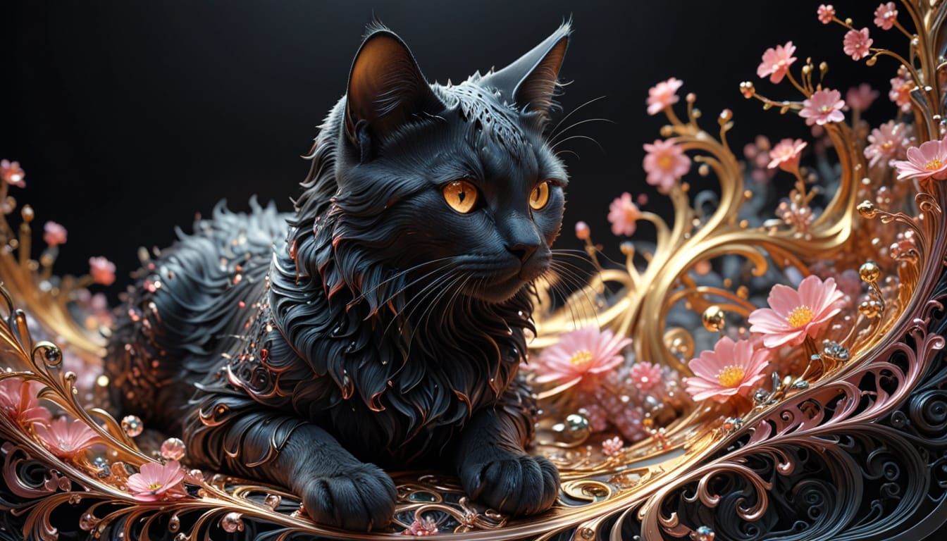 Elegant Black Cat on Ornate Bench in Hyperrealistic Style