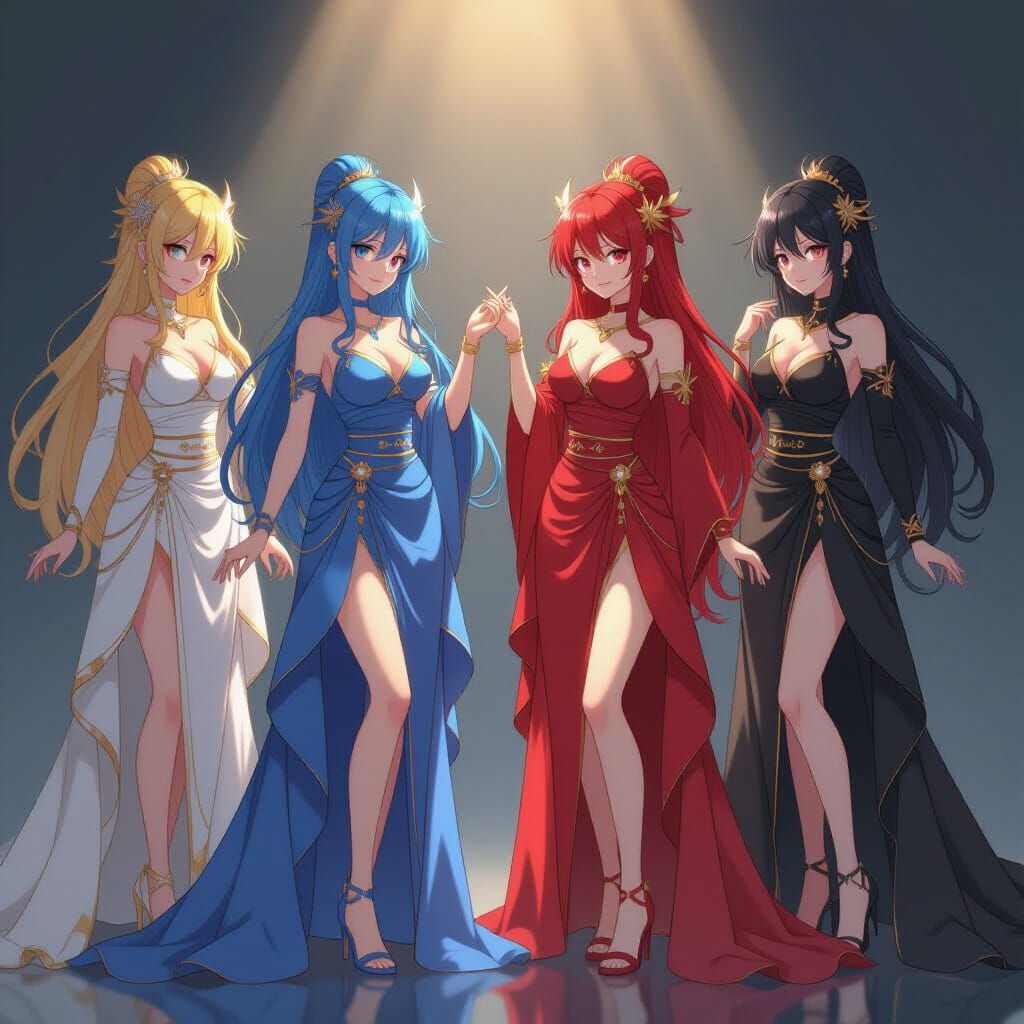 Four Goddesses of Elements in Anime Style