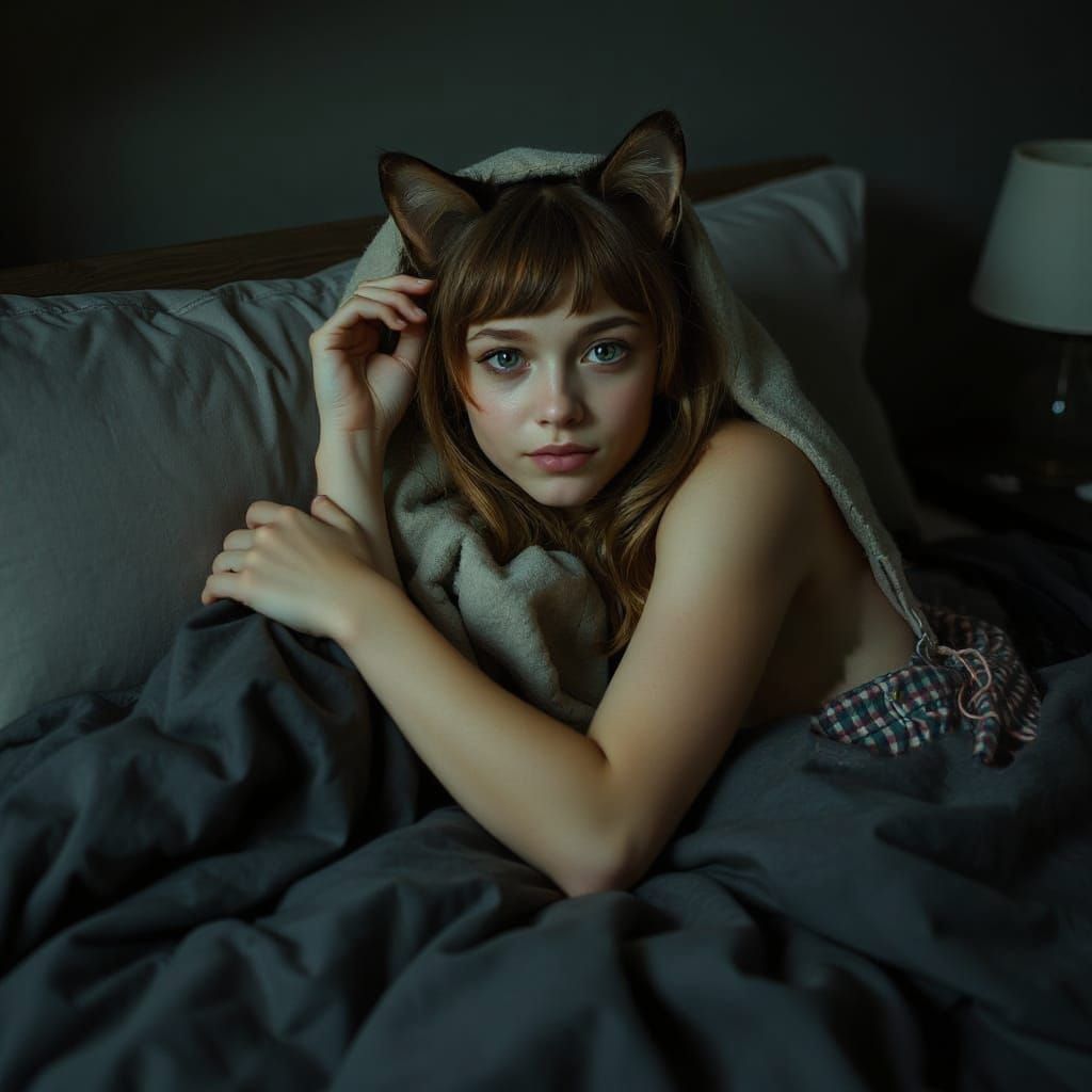 Student Catgirl Relaxing Under a Blanket