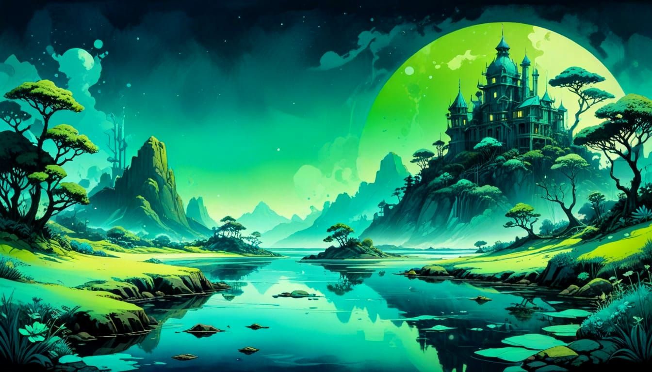 Bioluminescent Cyanotype Landscape in Maximalist Style