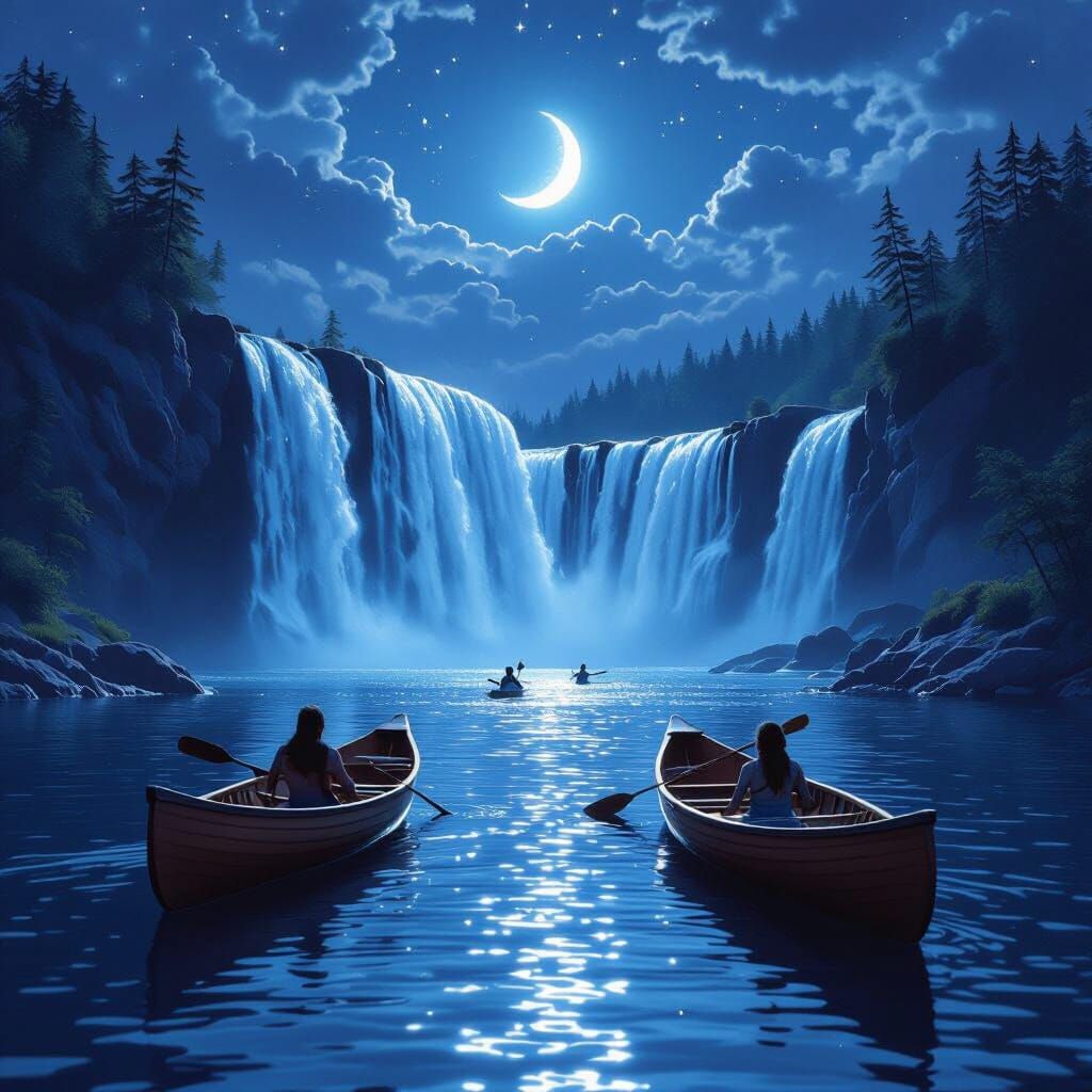 Realistic Waterfall Scene at Night with Canoes and Swimmers
