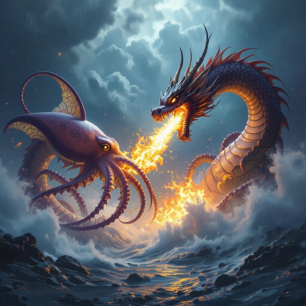 Epic Battle: Dragon vs Squid in Dark Fantasy Art