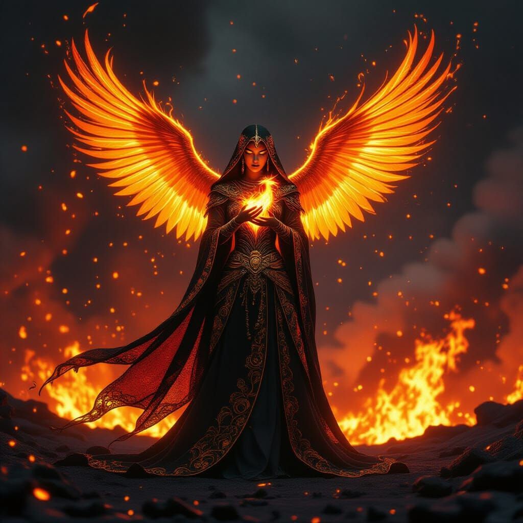 Celestial Fire Priestess with Phoenix at Volcano