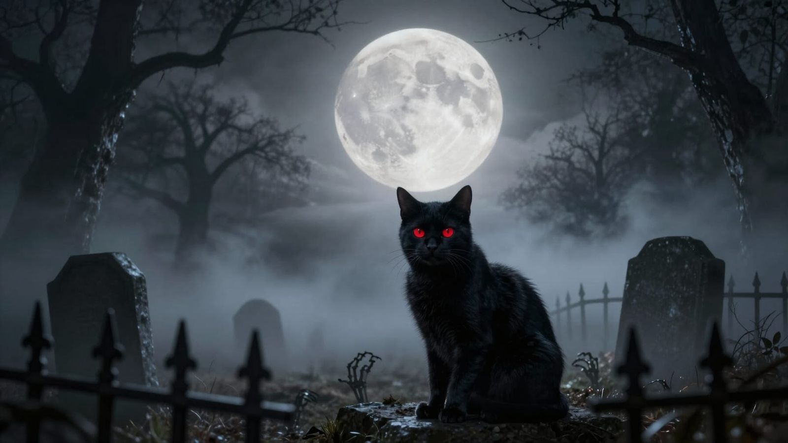 Spooky Graveyard Moonlight with Black Cat