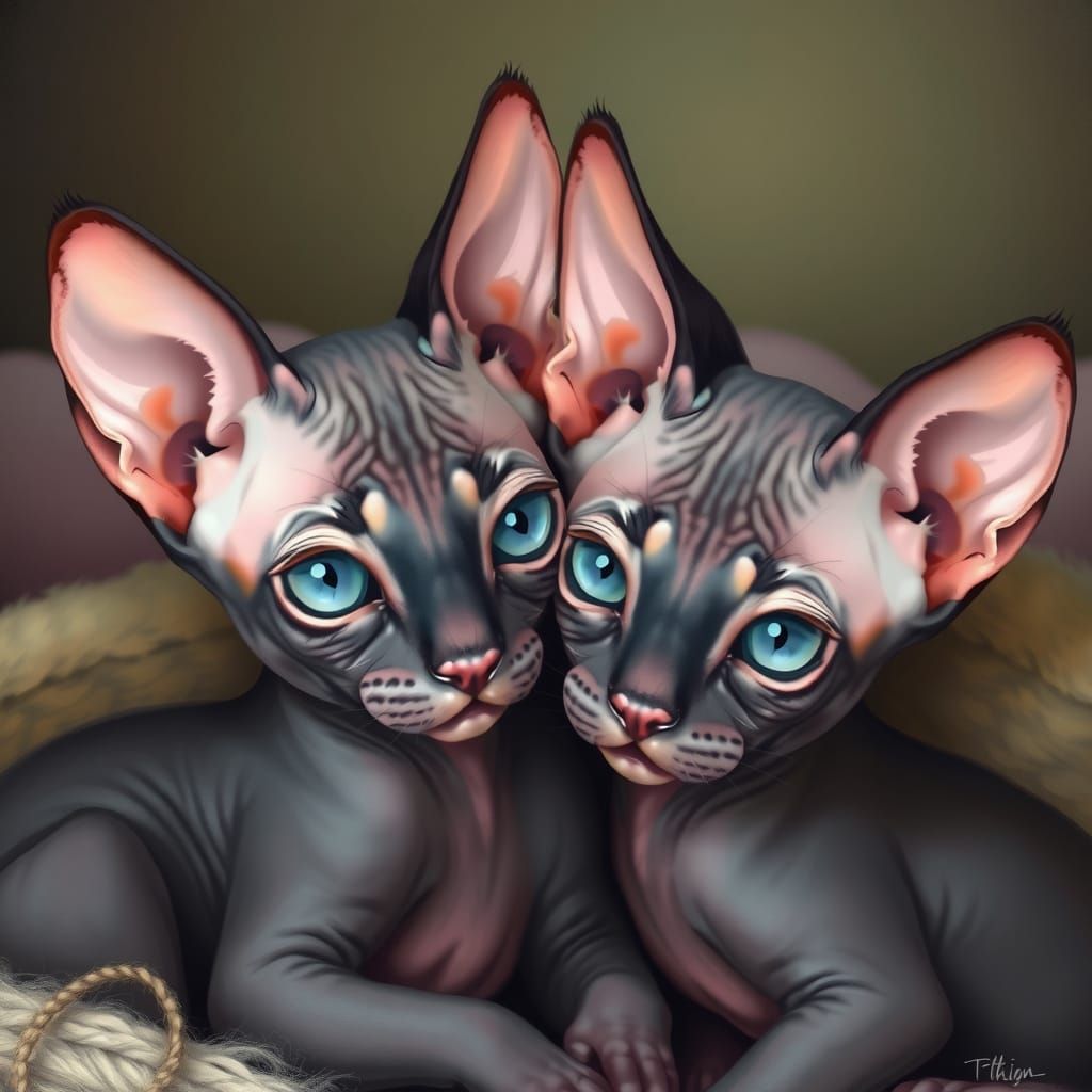 Pink and Black Hairless Sphinx Kittens with Blue Eyes