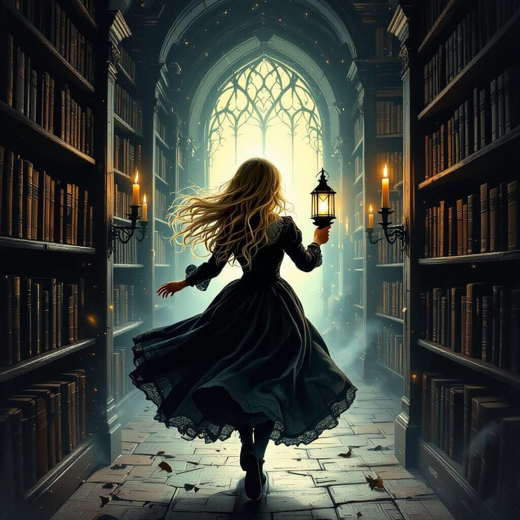 Fleeing Girl in Gothic Horror Library