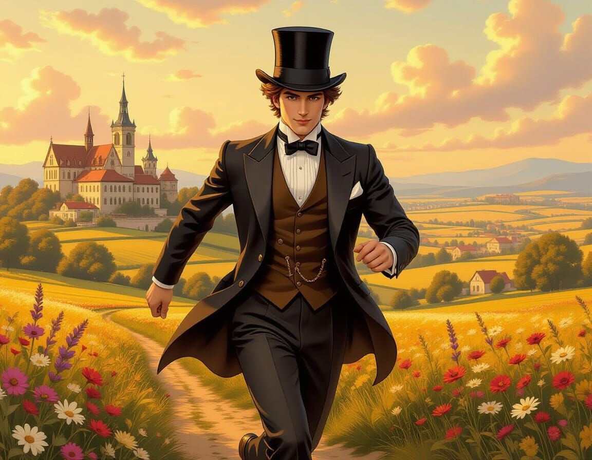 Victorian Man Races Through a Picturesque Landscape