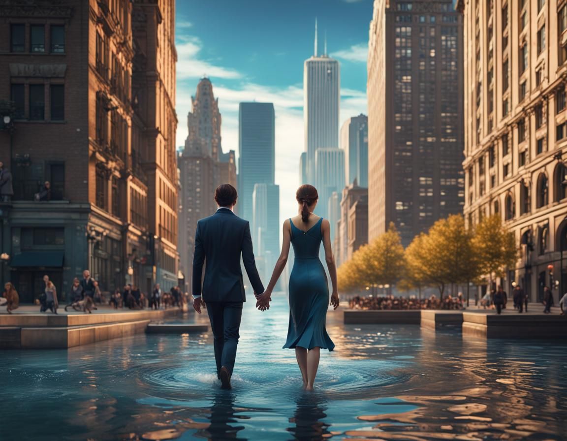 Chicago Couple Walking in Water, Modigliani Style