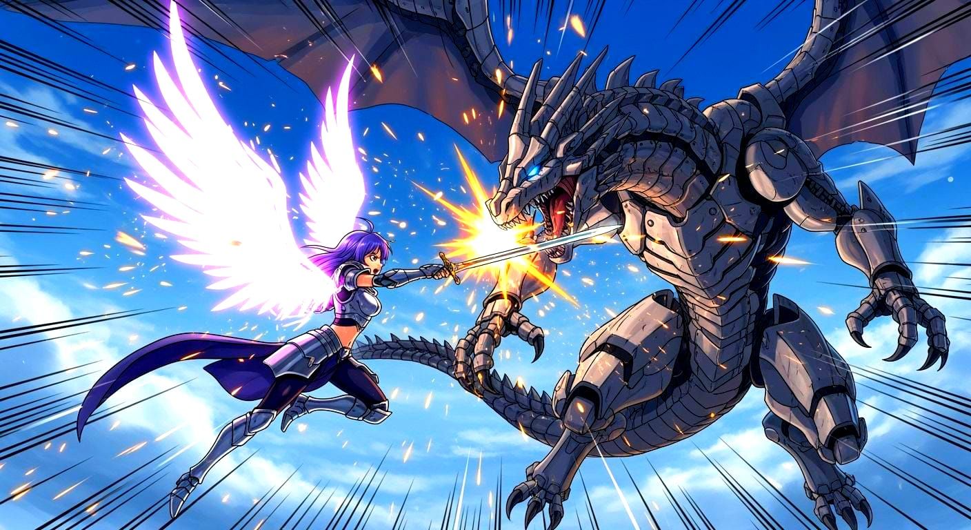 Anime Warrior Princess Battles Mecha Dragon