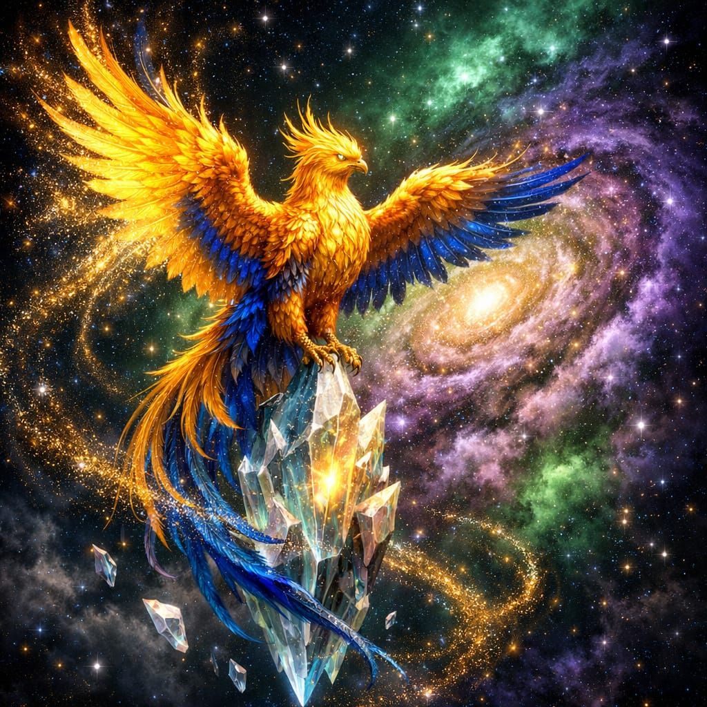 Ethereal Phoenix on Crystal Shard in Cosmic Void
