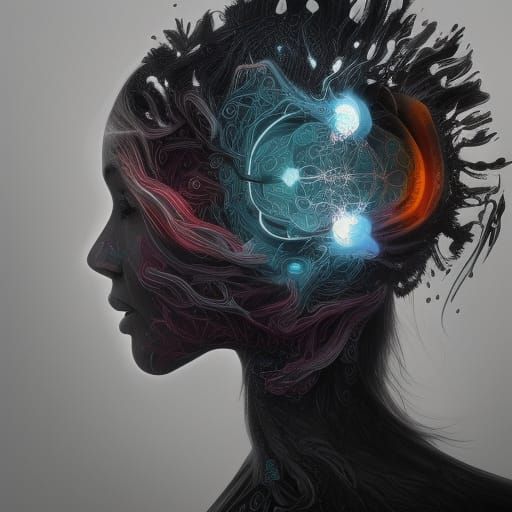 Colorful Brain Inside Monochrome Figure: Fantasy Art