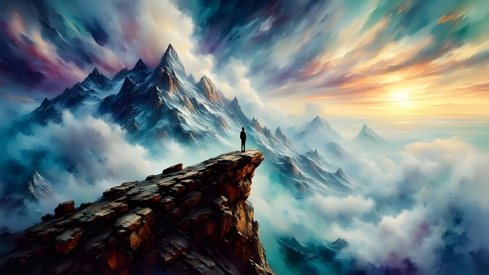 Epic Mountain Scene in Watercolor Style