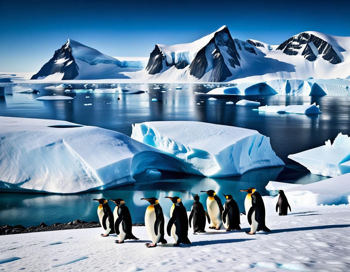 Icy Antarctica Landscape with Penguins in Hyperrealistic Pho...