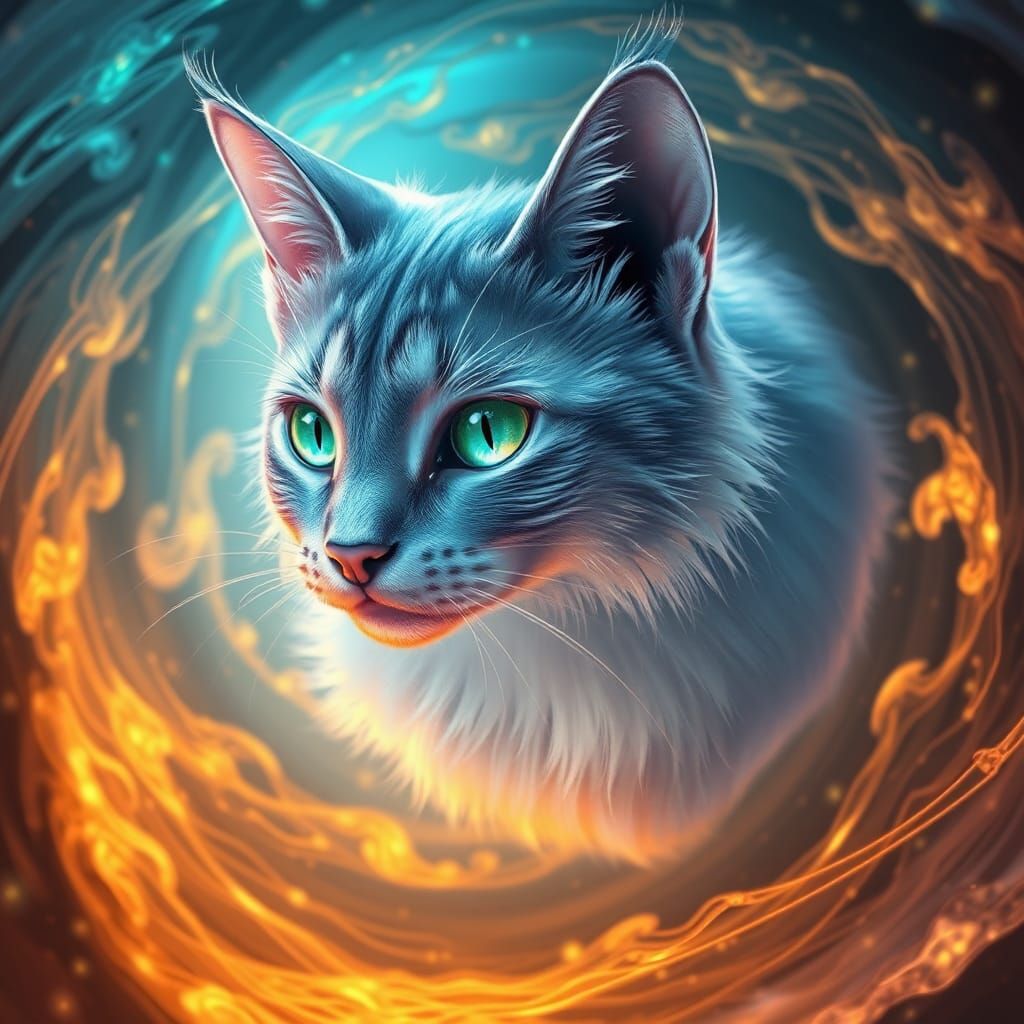 Ethereal Fire Water Cat in High-Fantasy Style