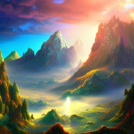 Fantastical Mountain Side Matte Painting with Divine Light