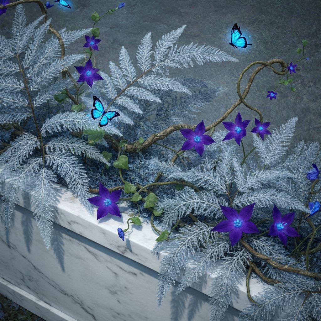 Mystical Ferns Adorn Marble Headstone With Bioluminescent Bu...