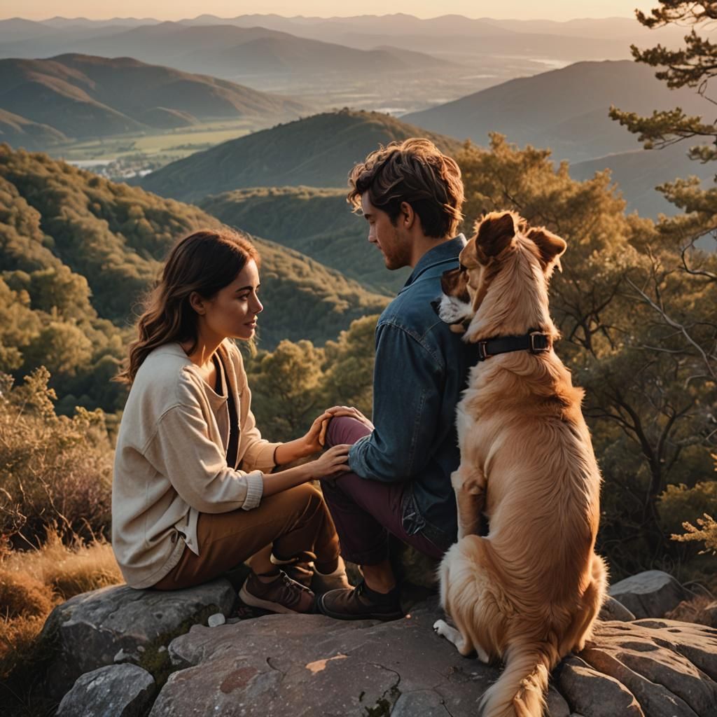 Couple and Dog Enjoying Mountain View at Sunset