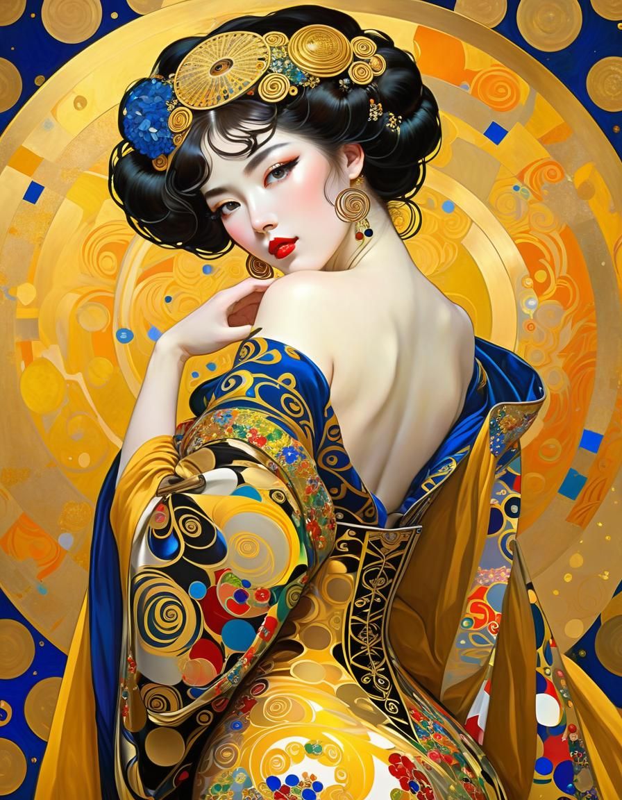 Gustav Klimt Style Fantasy Masterpiece Painting with Kaleido...