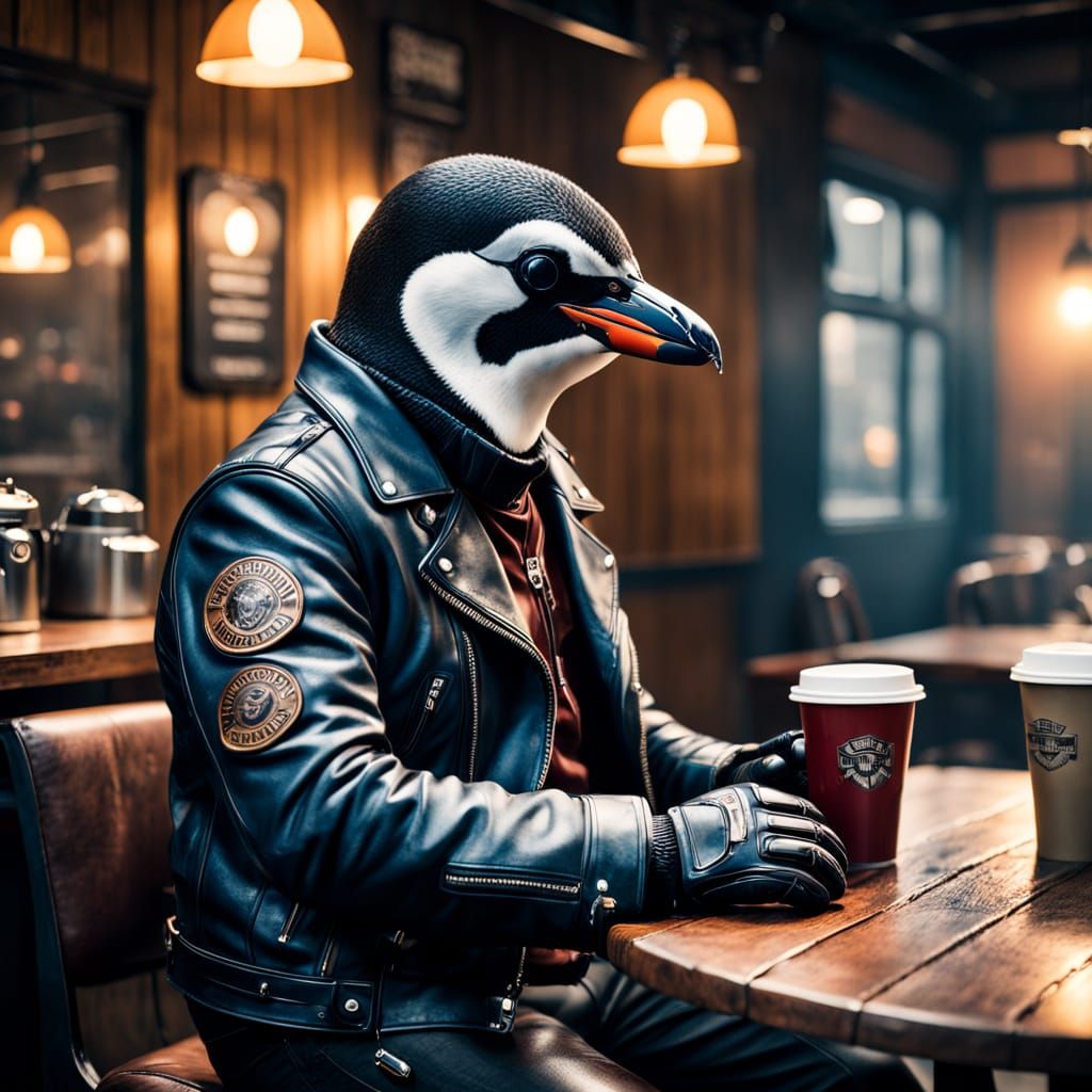 Moody Penguin Biker Sips Coffee in Dark Cafe