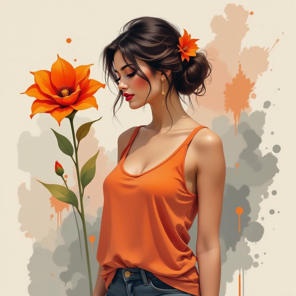 A painting of a woman in profile with her gaze directed down...