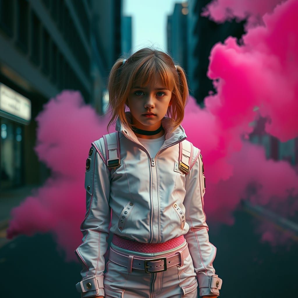 Cyberpunk Girl with Pink Smoke Bombs in City