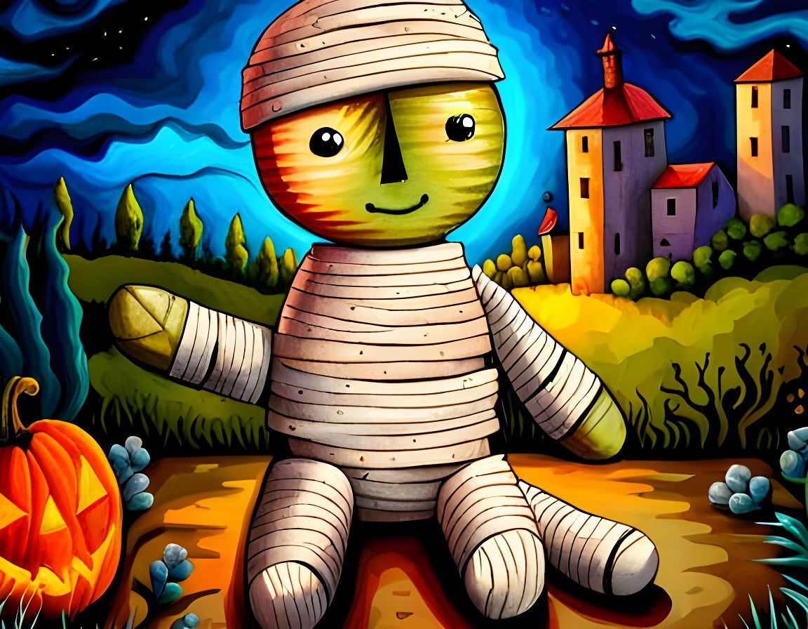 Halloween Voodoo Doll Mummy in Cubist Aquarelle Style