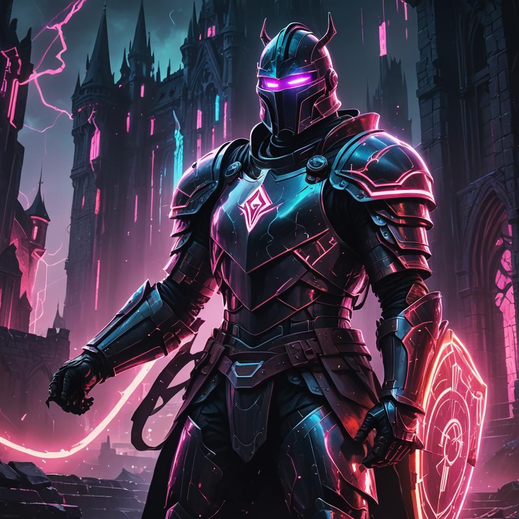 Neon-Noir Knight with Glowing Runes in Dark Fantasy