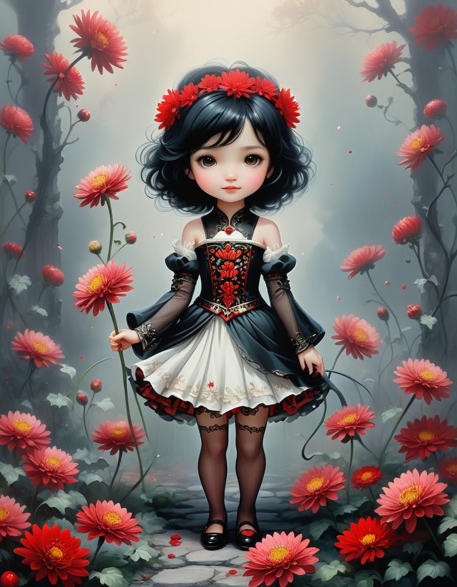 Girl with red chrysanthemums