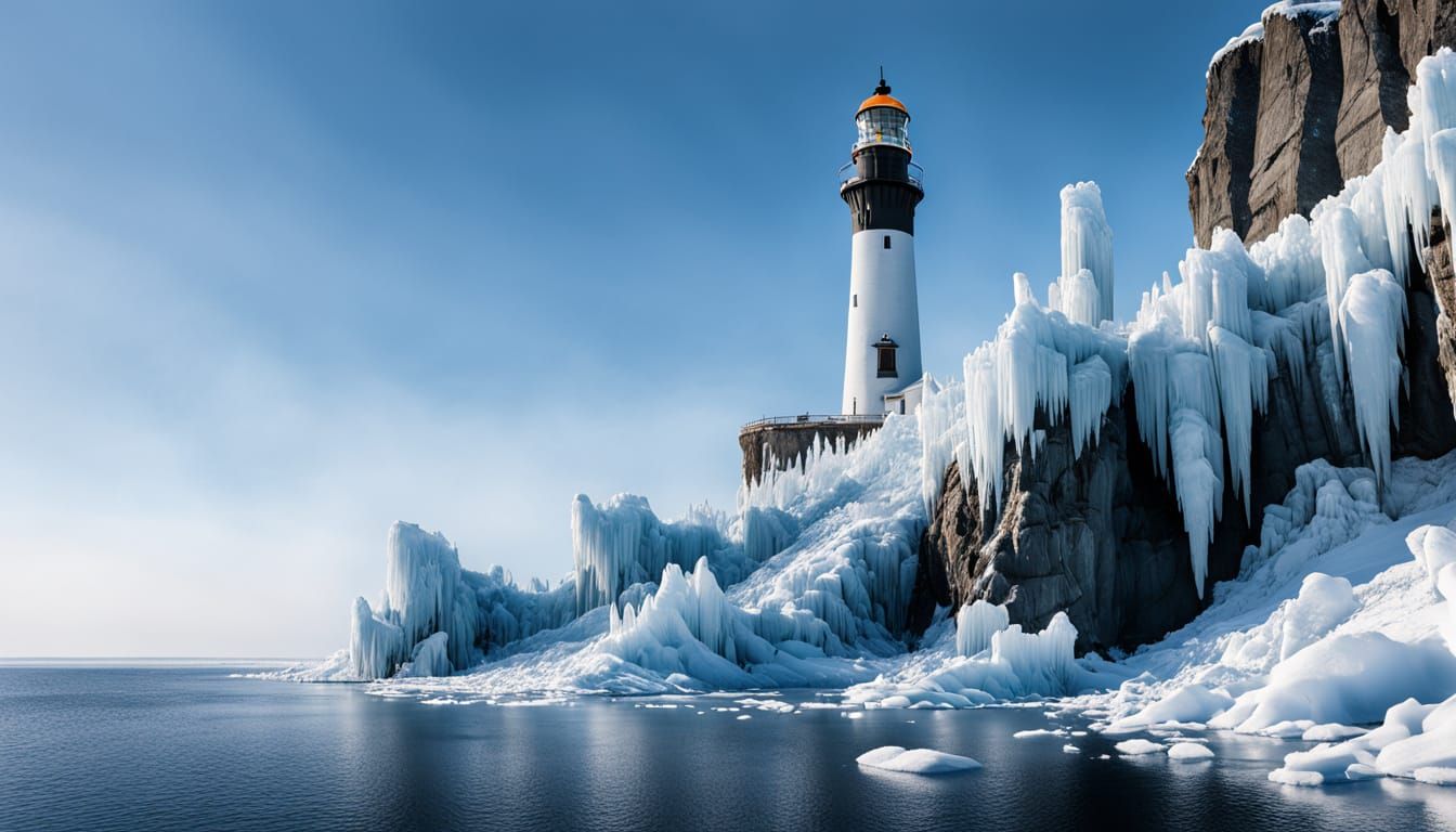Icy Lighthouse Portrait in Winter Landscape