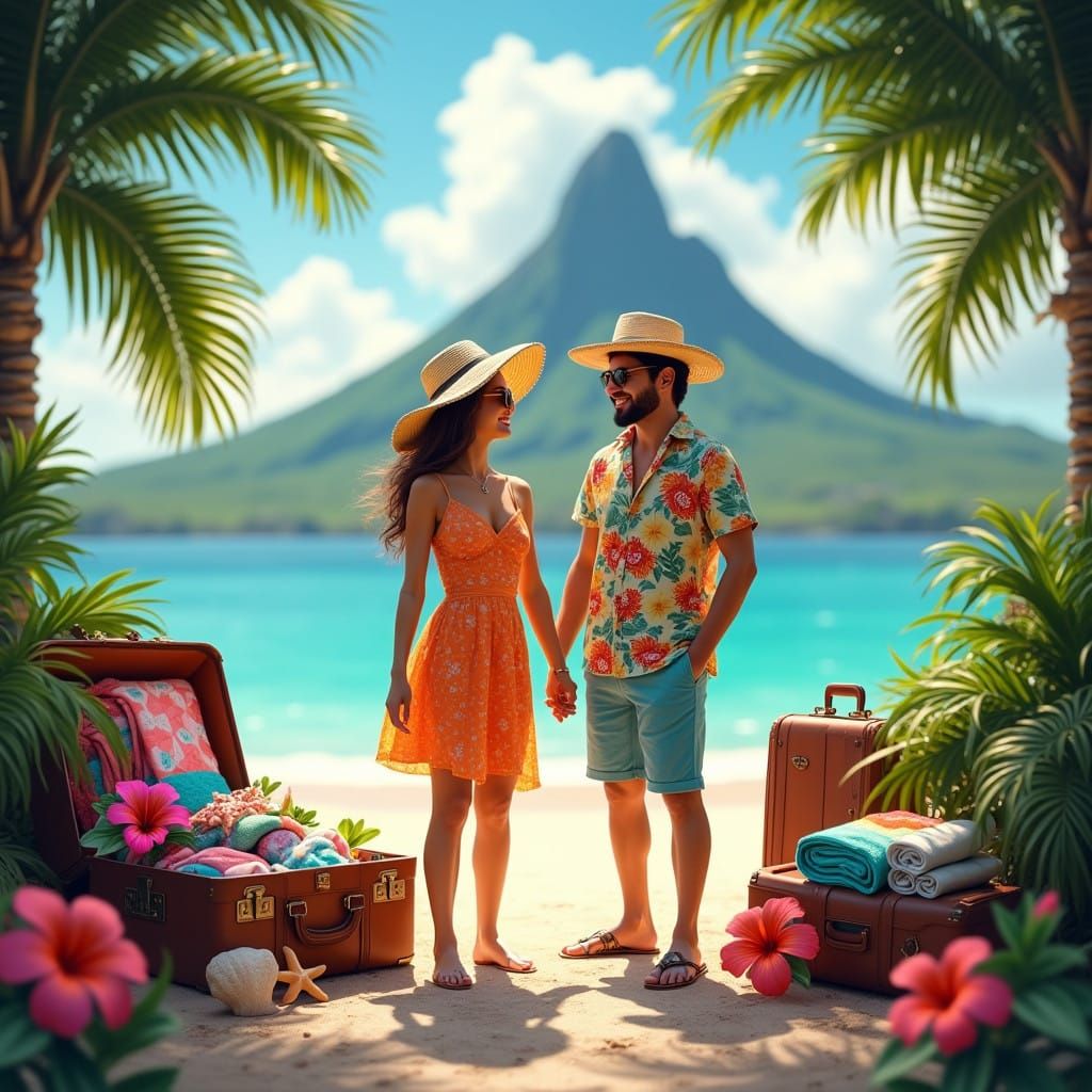 Smiling Couple Stands Before Vibrant Tropical Getaway