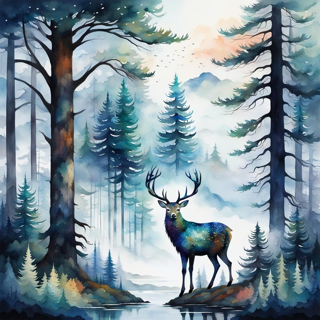 Watercolor Feather with Rainy Forest Landscape