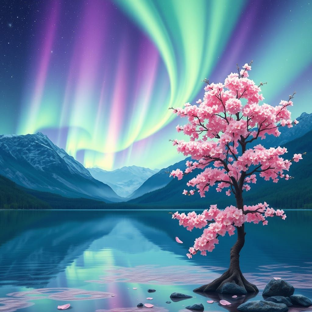 Surreal Aurora Landscape with Sakura Tree in Realistic Style