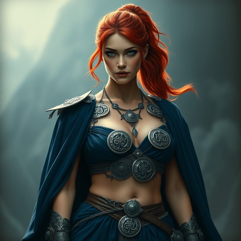 Regal Valkyrie in Indigo Gown, Adorned with Stylized Silver...