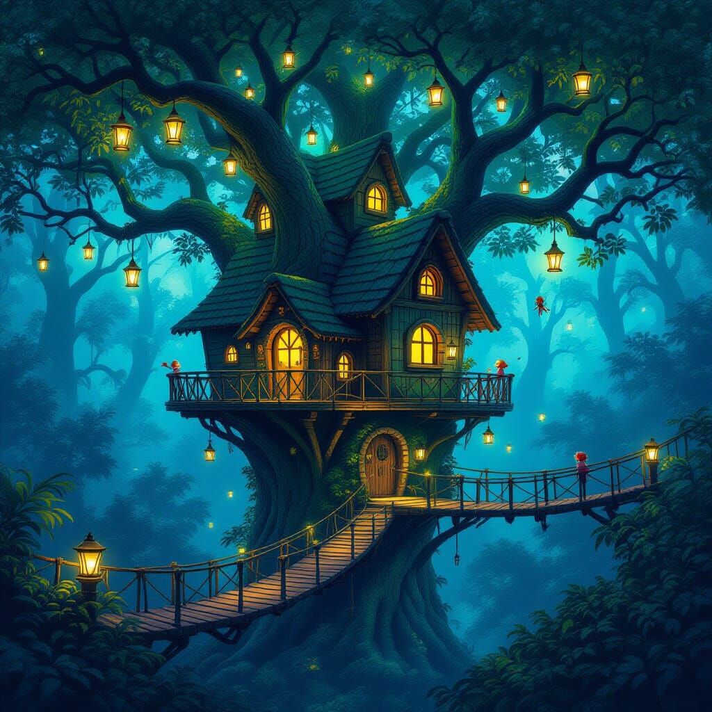 Whimsical Treehouse Village in Bioluminescent Forest