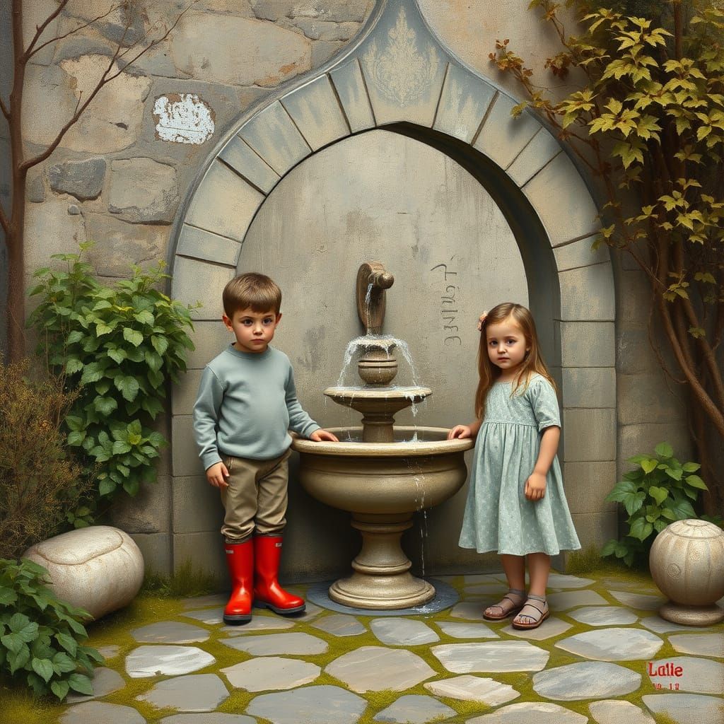 Impressionistic Rustic Fountain Scene with Children