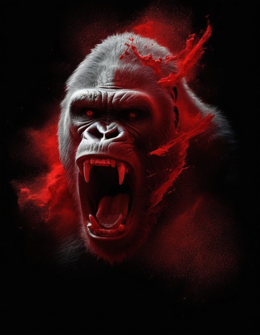 Gorilla's Furious Roar in Stark Black and White with Red Exp...