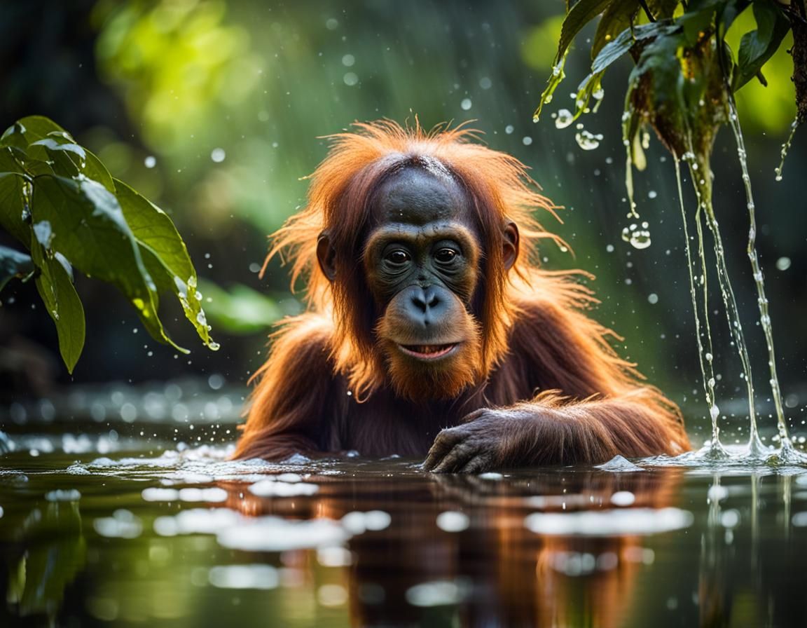 Sumatran orangutan (Pongo abelii) enjoying bath. critically endangered with only about 9,200 left in the wild