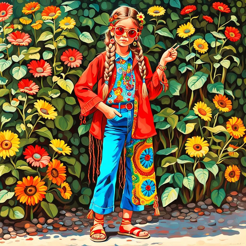 Hippie Girl in Meadow as Oil Painting