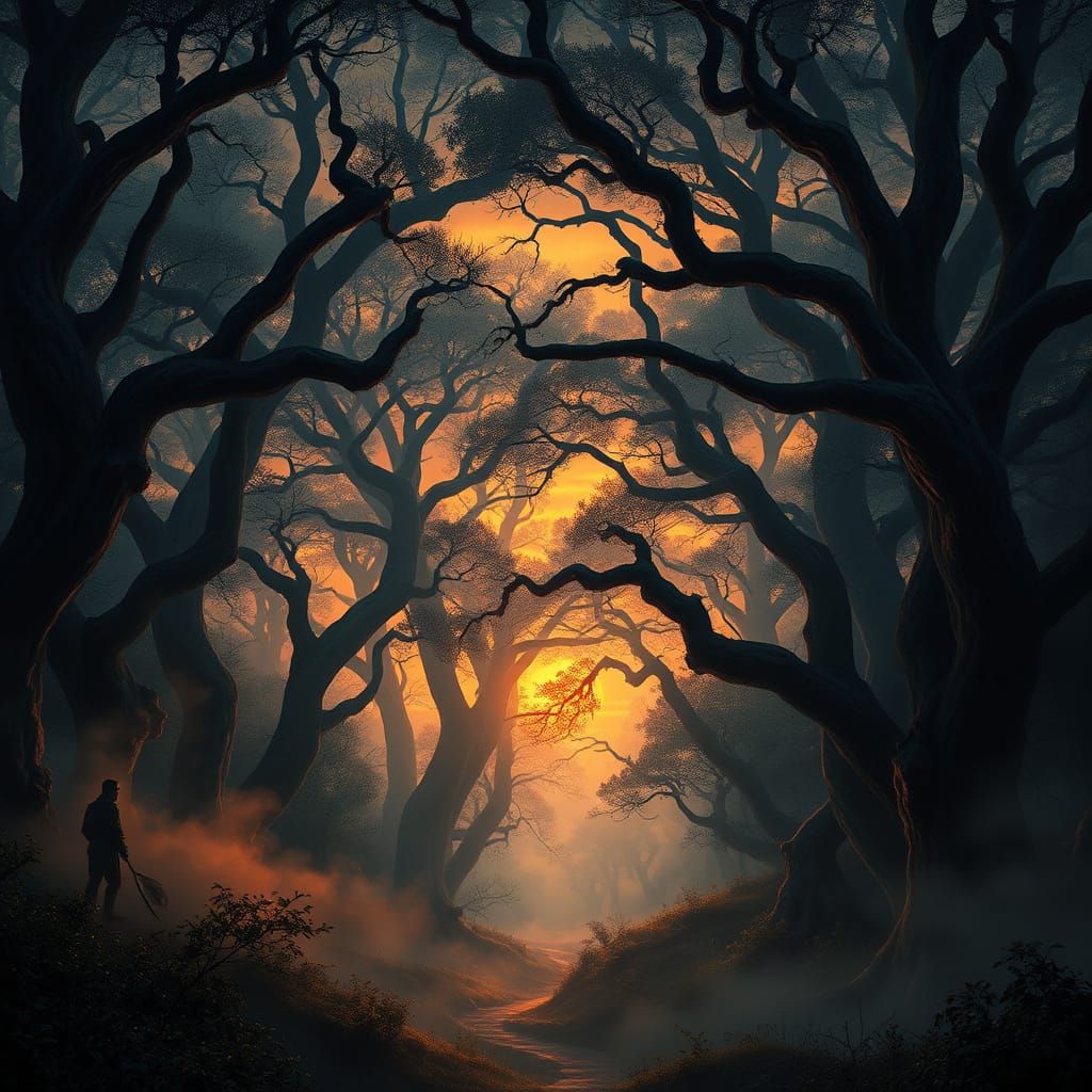 Ethereal Fantasy Forest at Sunset in Fog